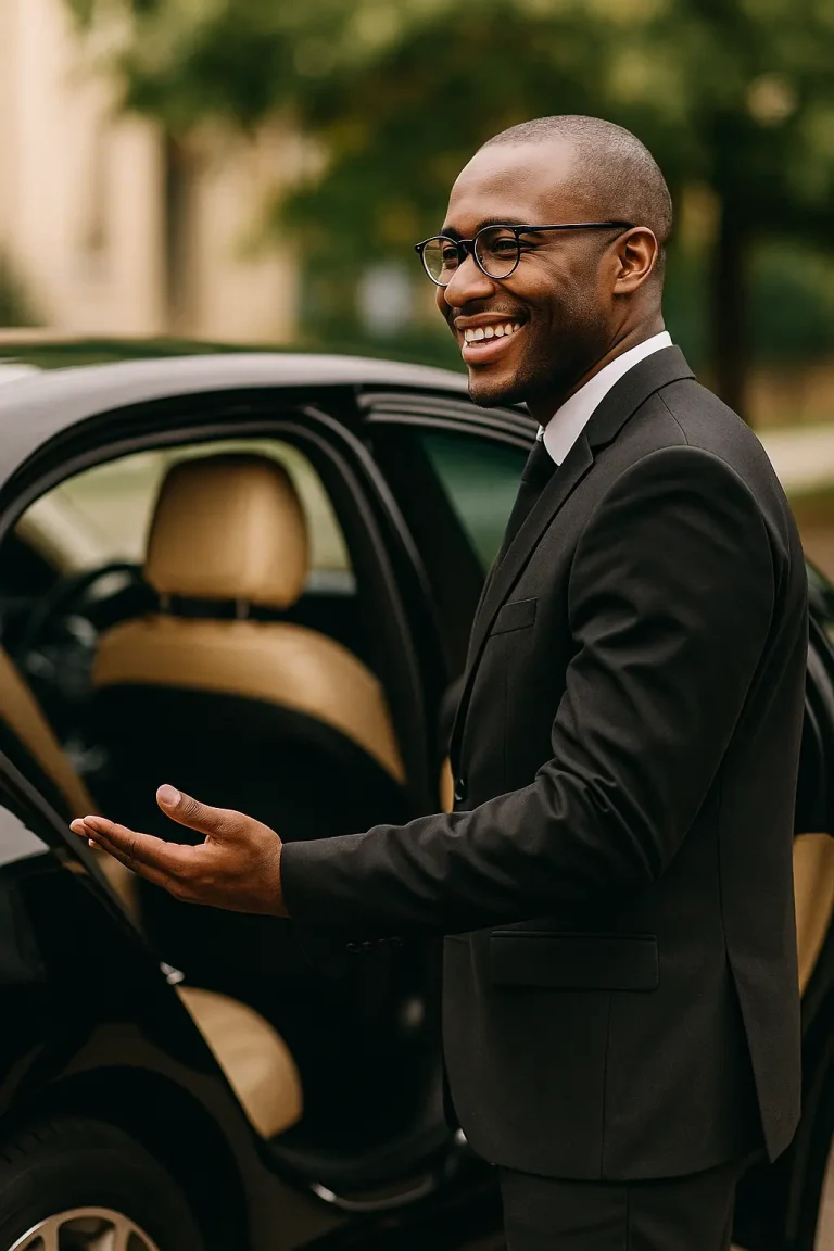 Chauffeur VTC professionnel à Rennes, souriant et accueillant son client devant une voiture de prestige.