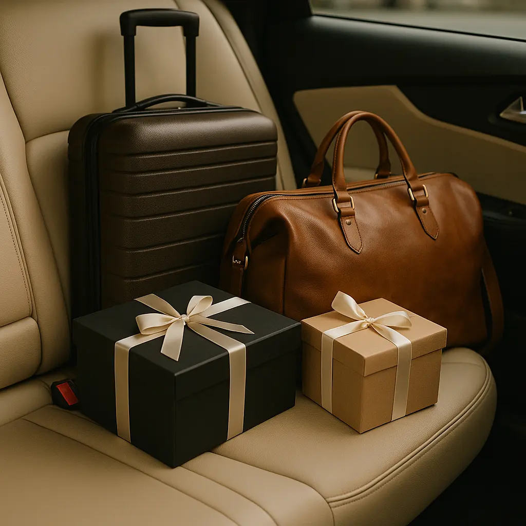 Valise de luxe, sac en cuir et boîtes cadeaux raffinées sur le siège arrière d’une berline de prestige