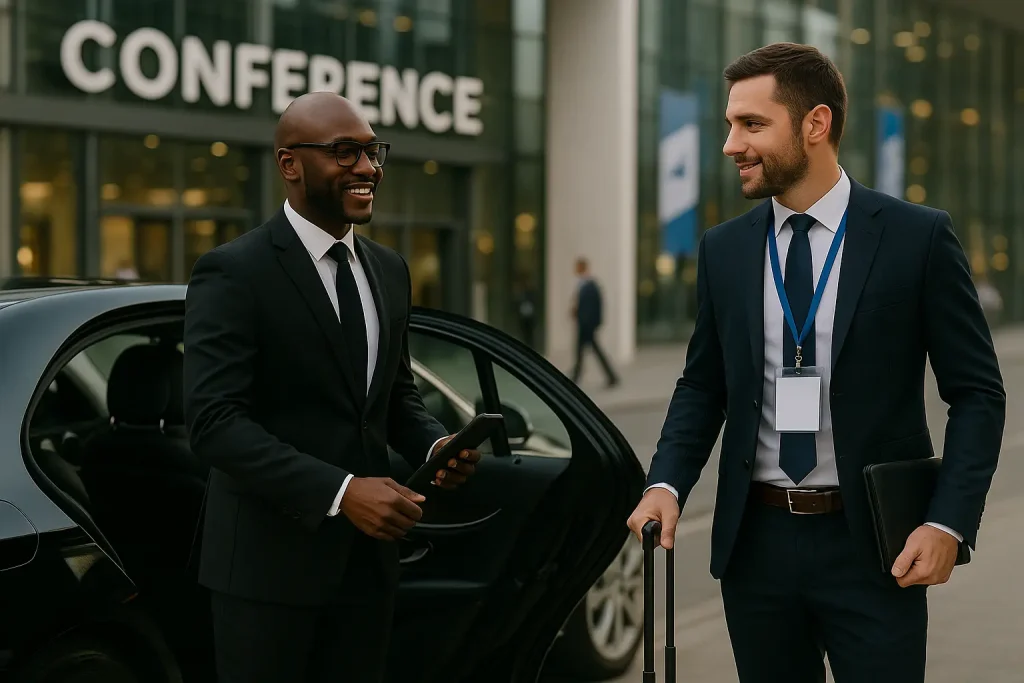 Chauffeur MJ Prestige accueille un businessman portant un badge devant un centre de conférences, dépose au plus près.