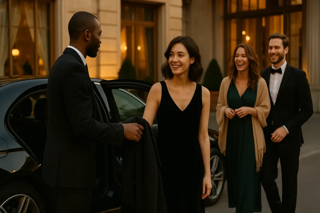 Chauffeur privé en costume accueillant des invités élégants devant un hôtel prestigieux, à leur arrivée en berline noire haut de gamme — service événementiel et mariage MJ Prestige