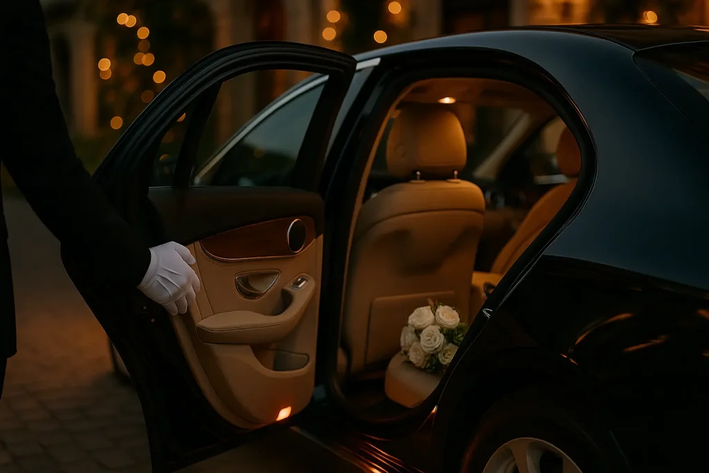 Chauffeur privé en costume aidant une invitée élégante à monter dans une berline noire, devant un hôtel illuminé après une soirée — service événementiel MJ Prestige