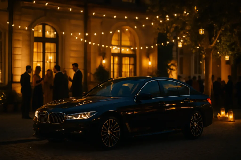 Berline noire haut de gamme stationnée devant un château éclairé la nuit, avec convives élégants floutés en arrière-plan sous des guirlandes lumineuses — service événementiel MJ Prestige