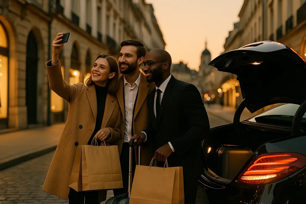 Couple élégant avec sacs de shopping aidé par un chauffeur près d’une berline, visite de ville sur mesure.