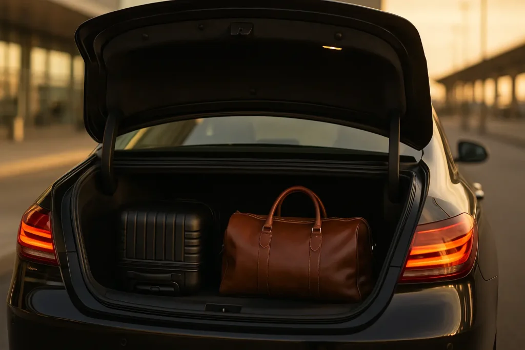 Bagages rangés dans le coffre d’une berline de luxe MJ Prestige