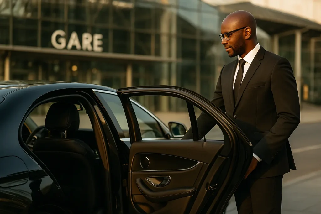 Chauffeur MJ Prestige ouvrant la porte d’une berline devant une gare