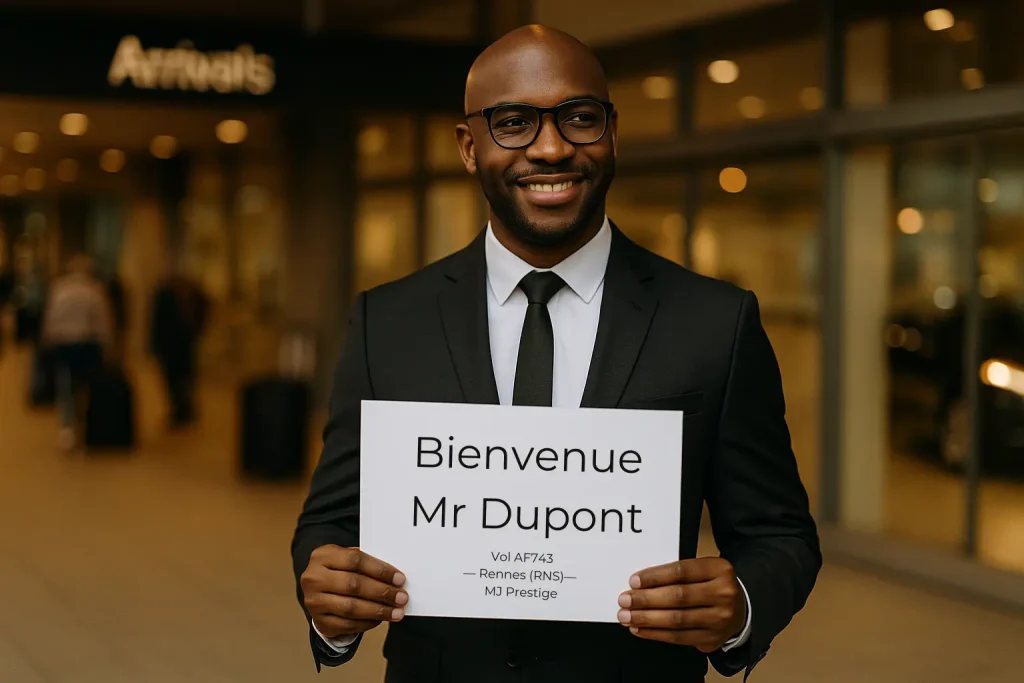 Chauffeur privé MJ Prestige tenant une pancarte d’accueil à l’aéroport