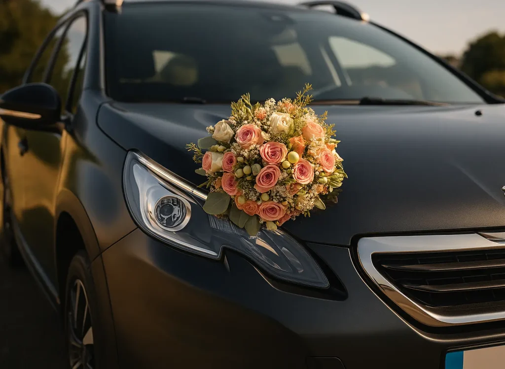 Bouquet de fleurs de mariage élégant sur le capot d’une voiture noire