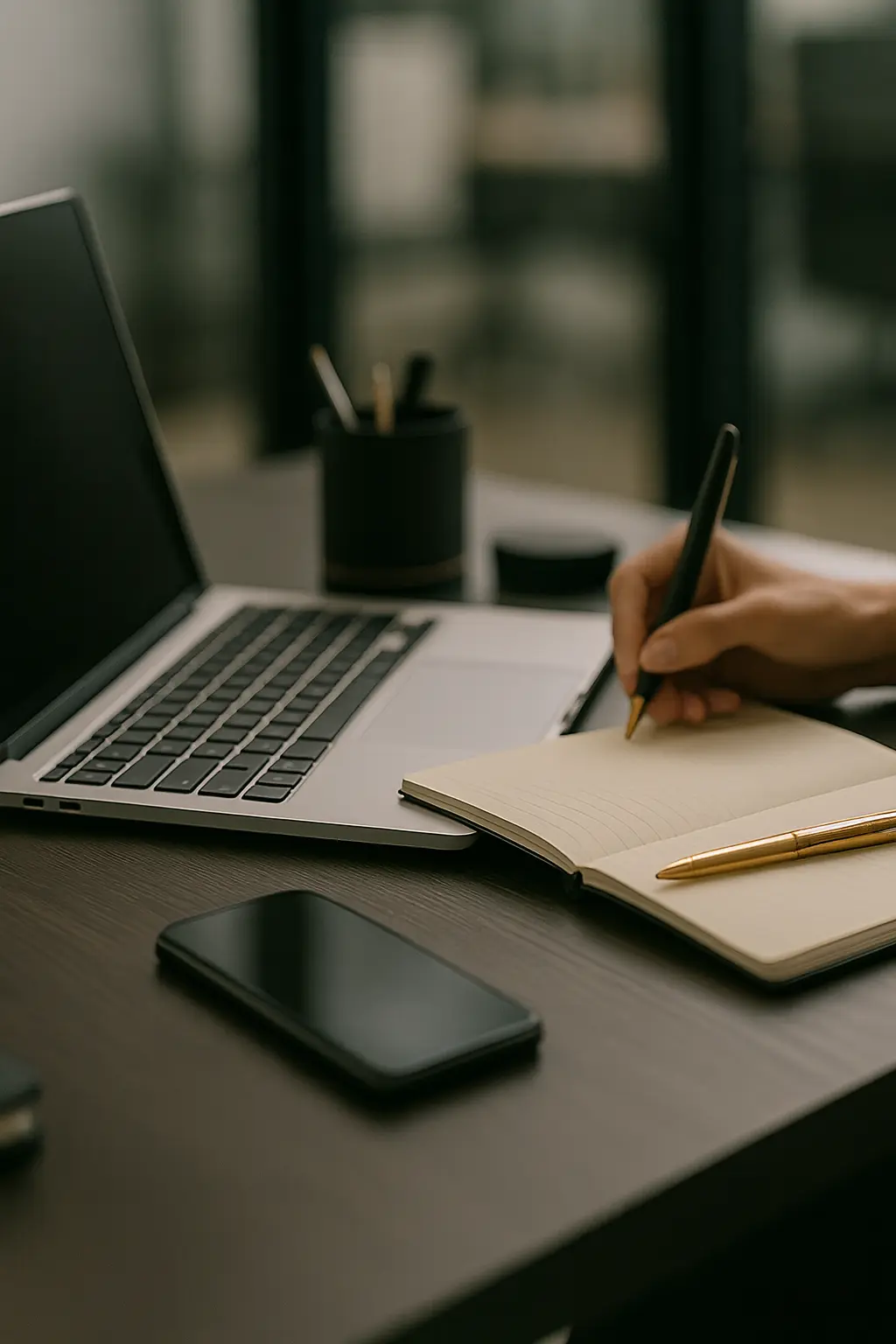 Main écrivant dans un carnet ouvert à côté d’un ordinateur portable et d’un smartphone sur un bureau professionnel, ambiance calme et productive.