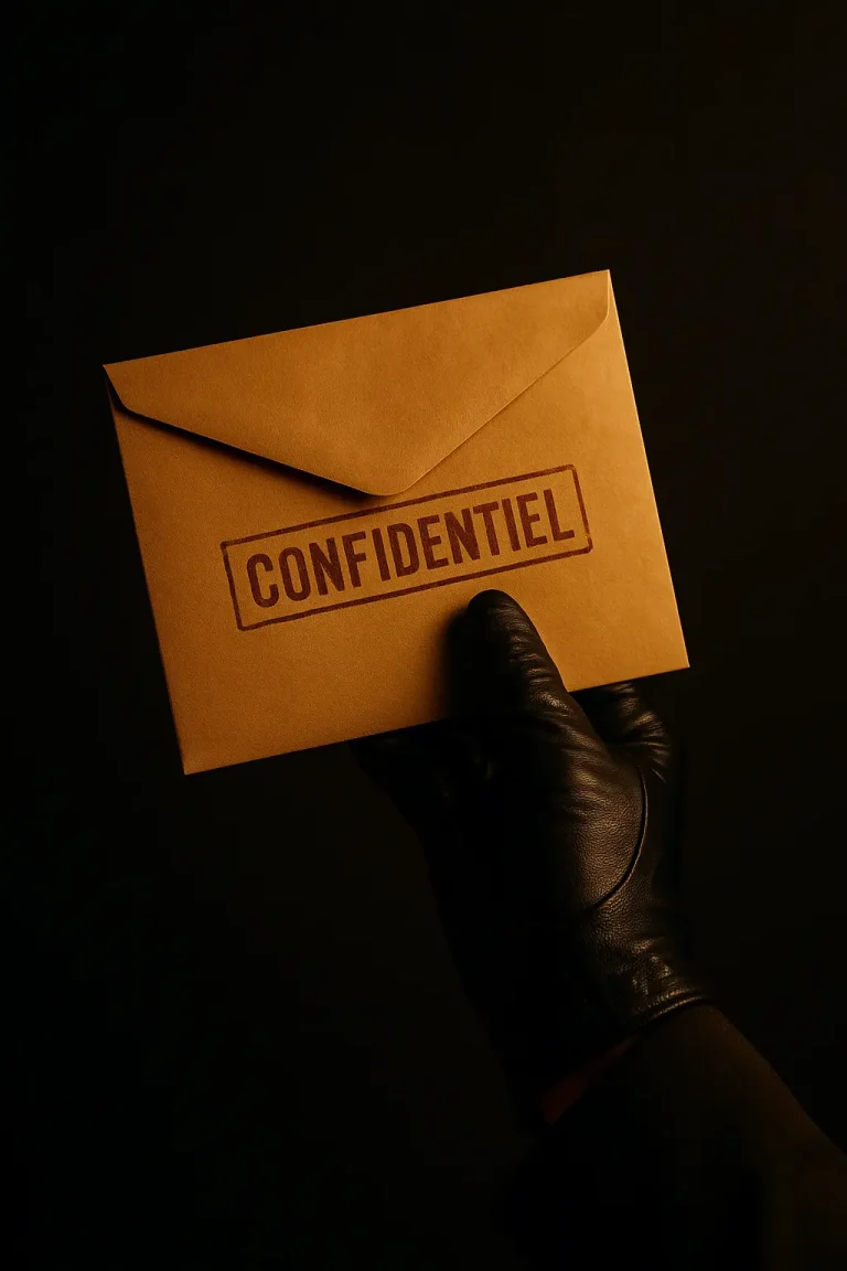 Main gantée tenant une enveloppe marquée “CONFIDENTIEL”, symbole de la sécurité, de la discrétion et du professionnalisme des services MJ Prestige.