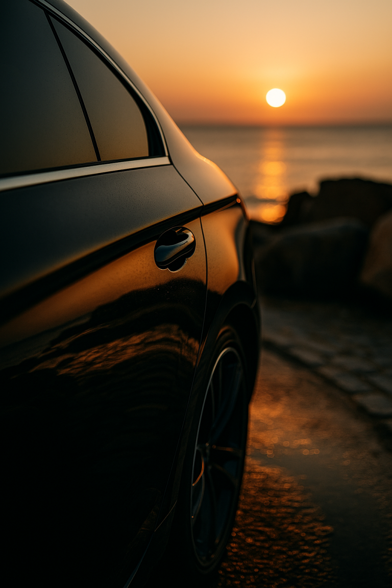 Carrosserie noire haut de gamme reflétant la lumière dorée du matin sur le littoral breton. Photographie artistique et élégante pour MJ Prestige.
